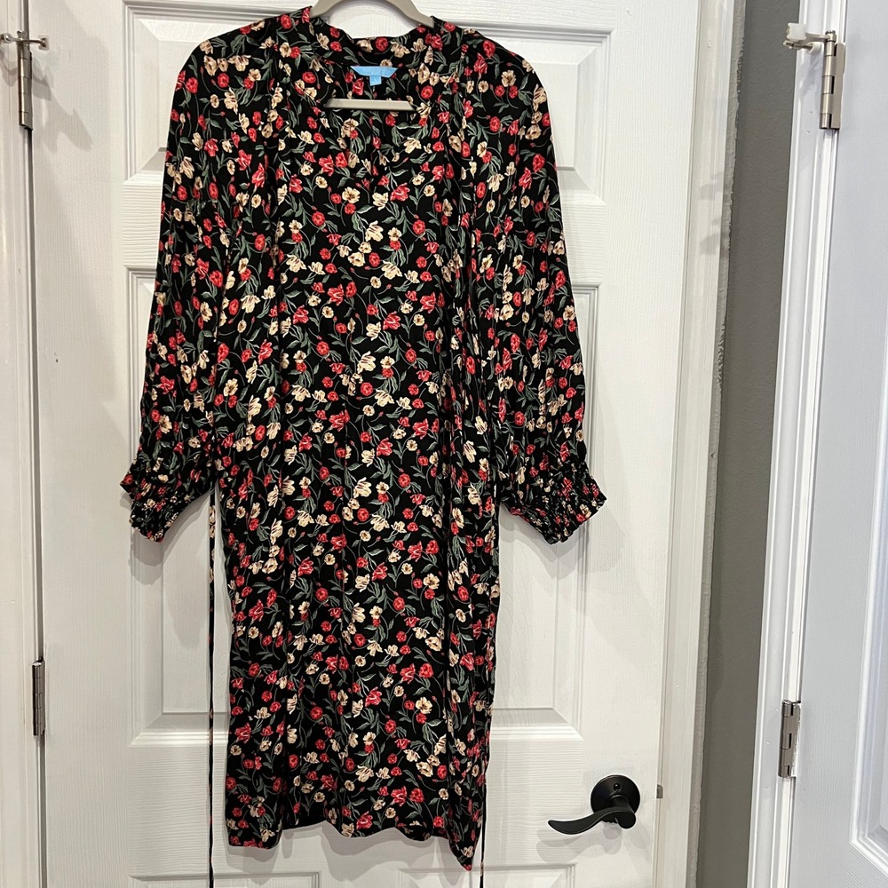 Draper James RSVP Shift Dress Rayon Floral Cottagecore Black Red Yellow Boho L